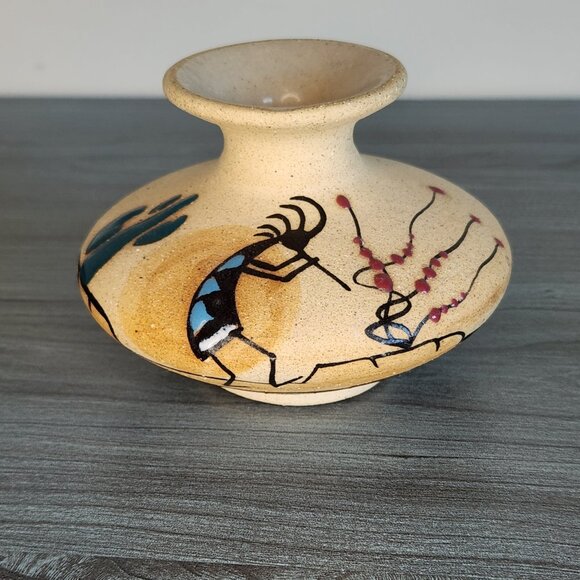 Southwest Pottery Vase Kokopelli Cactus Design Hand Painted Native Style 5" - Picture 1 of 8